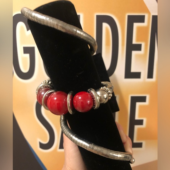 Statement Silver COIL With Red-Burgundy + Silver Spheres/Beads BRACELET *Unique - Picture 4 of 5